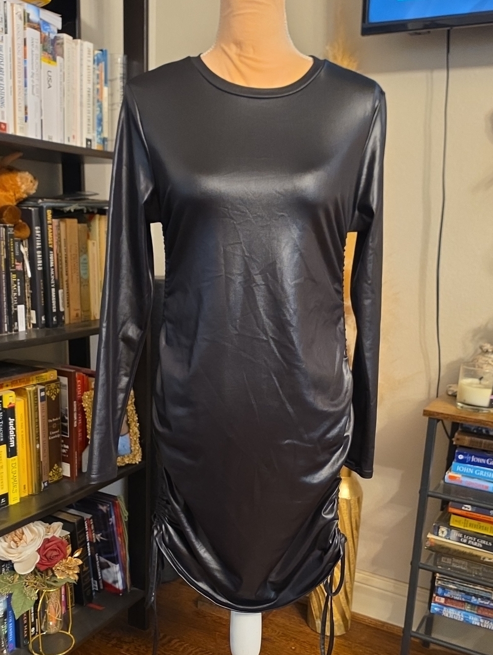 Ramisu Black Faux Leather Long Sleeve Ruched Drawstring Bodycon Mini Dress Sz L